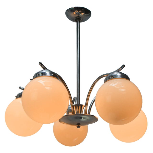 Metal French Art Deco Nickel-Plated 5-Arm Chandelier with White Opaline Glass Globes For Sale - Image 7 of 11