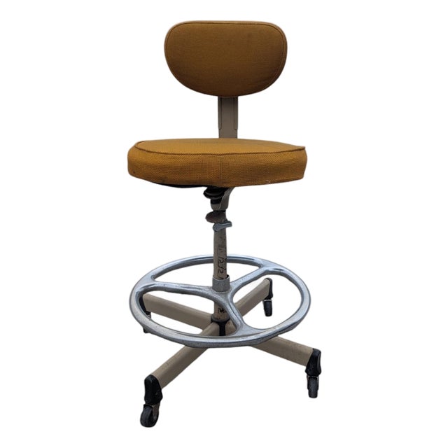 Vintage Cramer Industries Adjustible Height/Back-Rest Industrial Drafting Stool Original Wheels For Sale