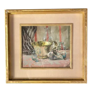 Mid 20th Century "Brass and Glass" Still Life Oil Painting by Arthur Meltzer, Framed
