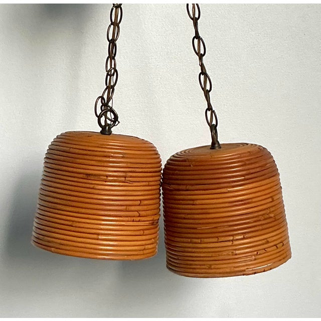 Wood Vintage Boho Coiled Pencil Reed Hanging Light Pendant For Sale - Image 7 of 7