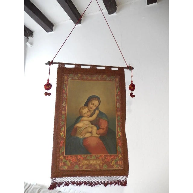 Italian 19th Century Italian Religious Banner Ave Maria Oliograph With Tassels For Sale - Image 3 of 13
