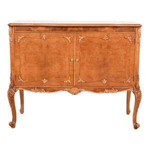 Romweber French Provincial Louis XV Burl Wood Server or Bar Cabinet, Newly Refinished