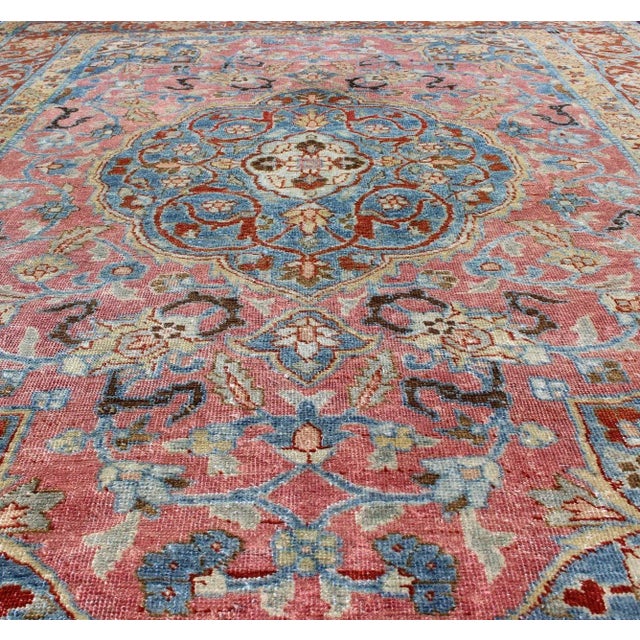 Textile Antique Persian Tabriz Rug With Medallion in Soft Rose, Sky Blue, and Rust Red 4'7"x6'4" For Sale - Image 7 of 8