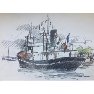 Jean Lachaud, Breton Tuna Boat at Quay, Signed Color Pencil Drawing For Sale