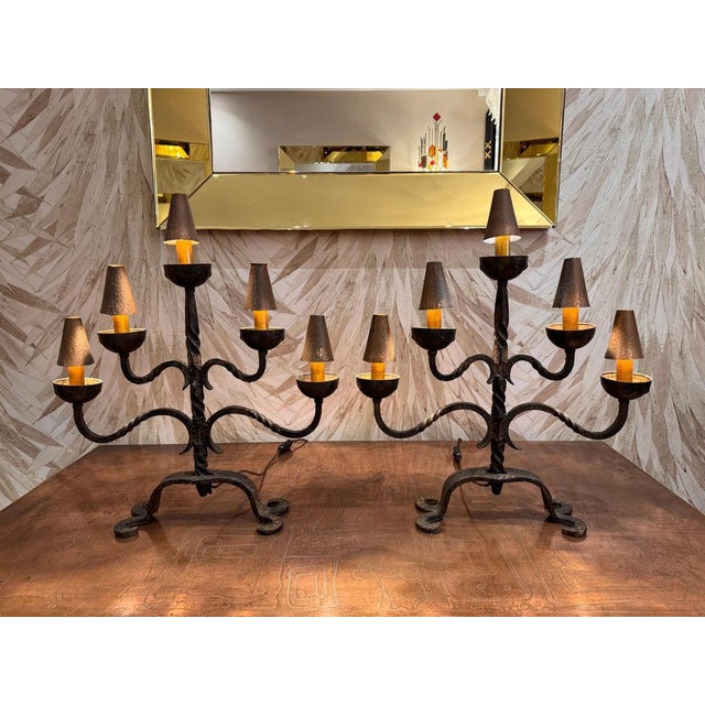 Large Wrought Iron Candelabra Table Lamps with Copper Shades, 1950s, Set of 2 For Sale - Image 4 of 8