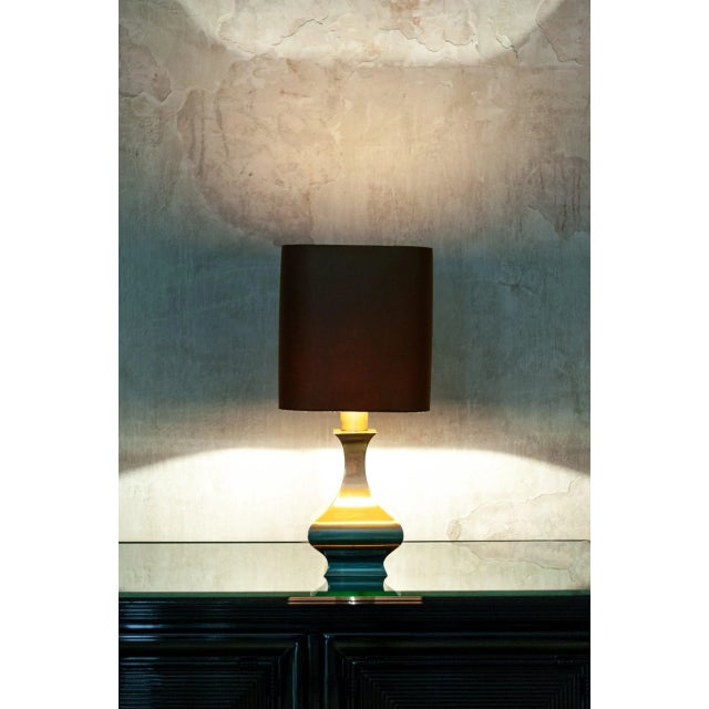 Metal table lamp with fabric shade – 1970s product details base dimensions: 17 w x 17 d cm shade dimensions: 26 w x 28 h x...