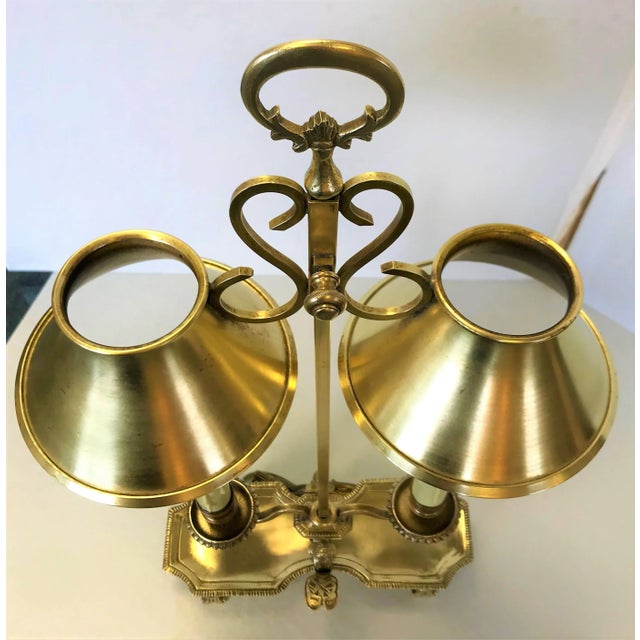 Antique Italian Brass Student Oil Lamp Converted to Electric With Adjustable Height Shades For Sale - Image 4 of 13