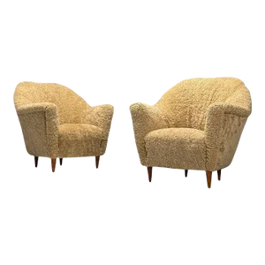 Italian Mid-Century Modern, Lounge Chairs, Honey Shearling, Stained Wood, 1950s