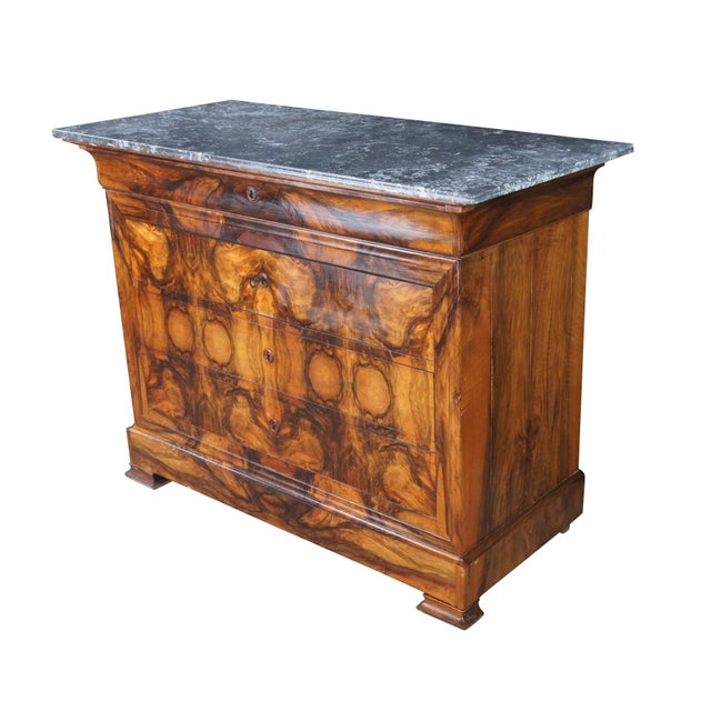 French Antique 19th Century French Louis Philippe Walnut Burl Marble Top Commode Chest For Sale - Image 3 of 16