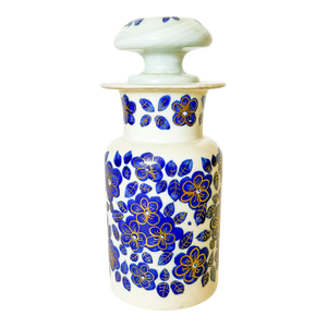 Antique Bohemian Opaline Apothecary Bottle and Stopper With Blue Hand Painted Flowers