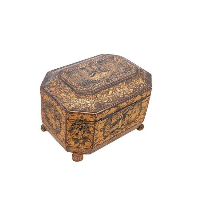 19th Century English Chinoiserie Tea Caddy with Dual Interior Canisters A 19th century English chinoiserie tea caddy of...