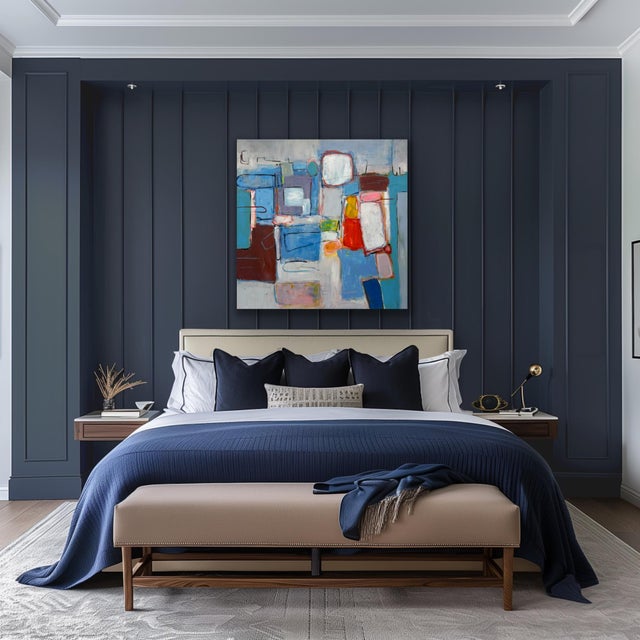 This original 48" x 48" acrylic painting presents a vibrant, playfully structured abstract composition featuring a grid of...