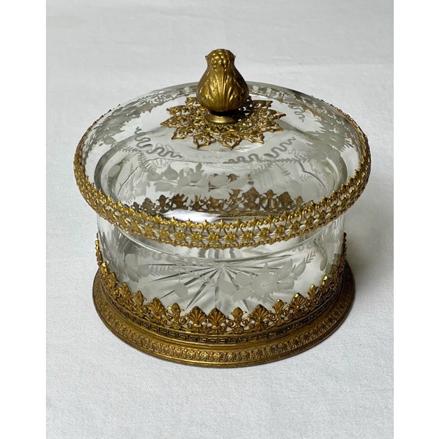 Metal French Antique Etched and Faceted Crystal Lidded Boxes With Bronze Ormolu, Pair For Sale - Image 7 of 12