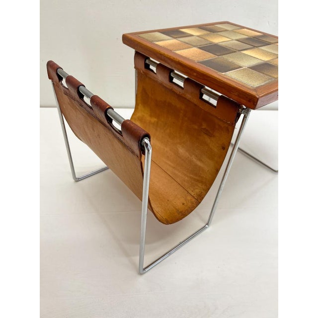 Wood Tiled Top Brabantia Style Side Table with Leather Magazine Holder, 1970s For Sale - Image 7 of 9