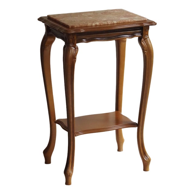 Louis XV Style Wood Side Table with Marble Top and Shelf For Sale