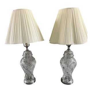 1960s Waterford Style Cut Crystal Table Lamps With Shades, Chrome Bases, Ireland Attributed - a Pair For Sale