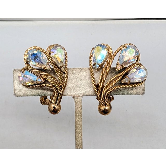 1960s Vintage 1960s Signed Napier Goldtone Aurora Borealis Clip Earrings-2 Pieces For Sale - Image 5 of 7