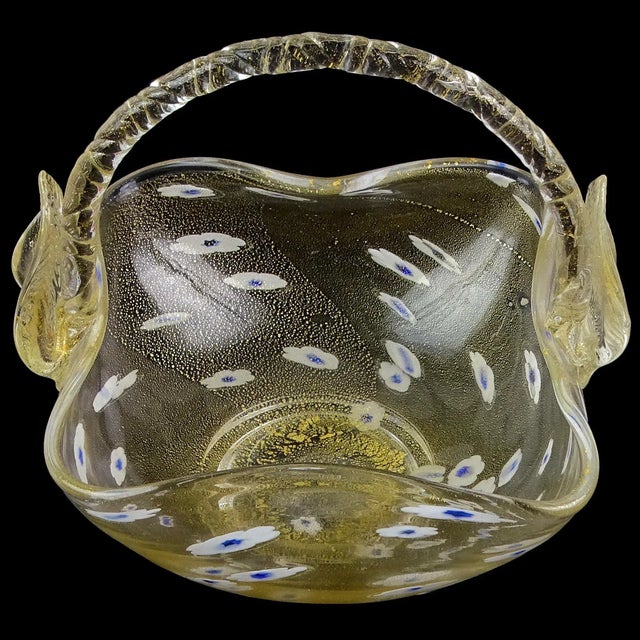 Mid-Century Modern Vintage Murano Gold Flecks White Blue Daisy Pattern Italian Art Glass Rope Handle Basket Bowl For Sale - Image 3 of 8