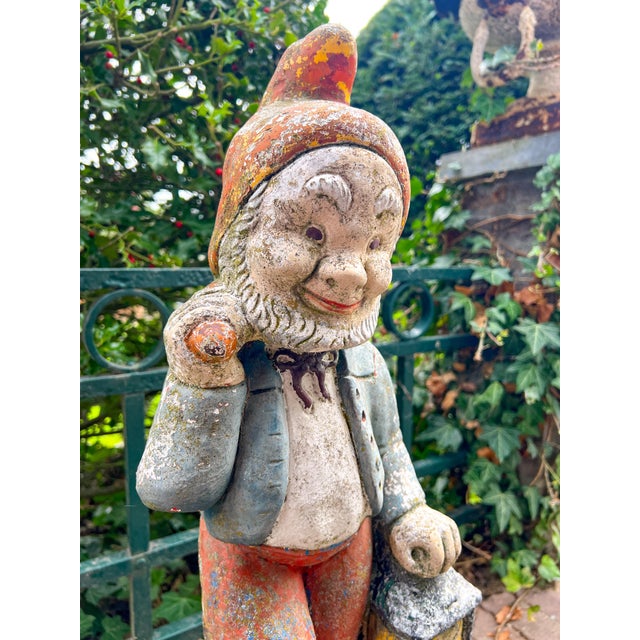 Vintage Concrete Garden Gnome with Weathered Polychrome Paint, 1950s For Sale - Image 10 of 13
