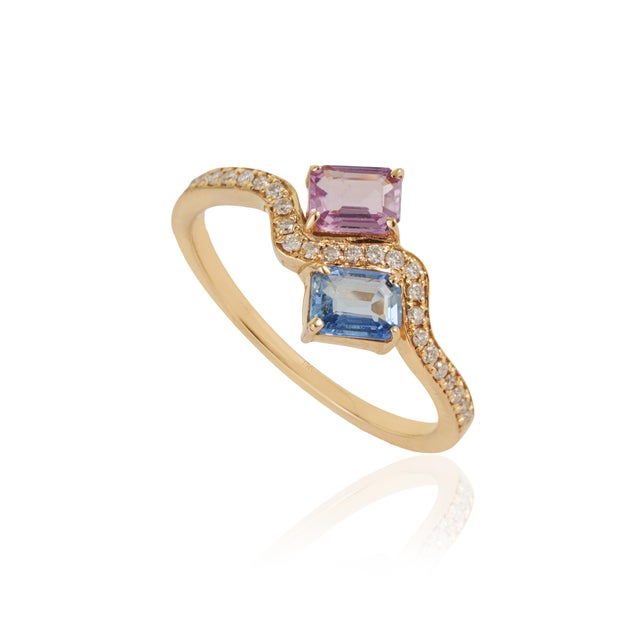 VRJewels 14k Yellow Gold Multi Sapphire & Diamond Toi Et Moi Wave Ring Size 7 For Sale - Image 4 of 16
