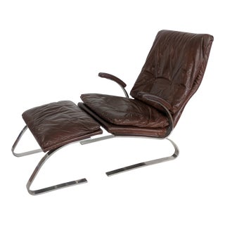 1970s Vintage Milo Baughman for Thayer Coggin Chrome & Leather Lounge Chair & Ottoman For Sale