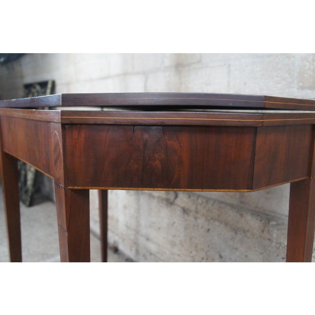18th Century Antique Sheraton Mahogany Inlaid Octagonal Flip Top Game Card Tea Console Table For Sale - Image 10 of 12