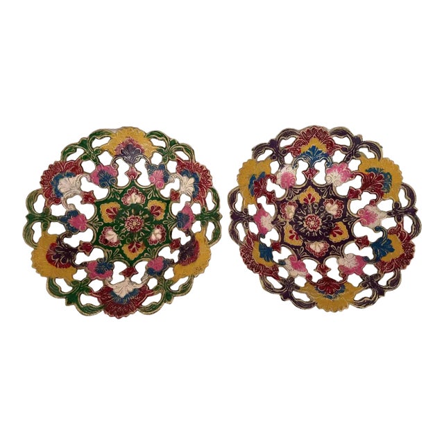 India Floral Enameled Brass Decorative Bowls - a Pair For Sale