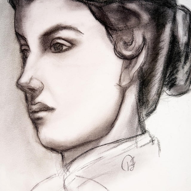 Black and White Charcoal Portrait Drawing of a Woman With Swept-Up Hair - Signed For Sale - Image 4 of 10