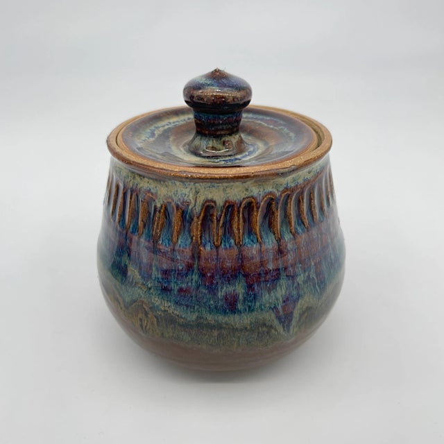 Pair of Minnesota Studio Pottery Vase and Lidded Pot Blue Glaze For Sale - Image 4 of 12