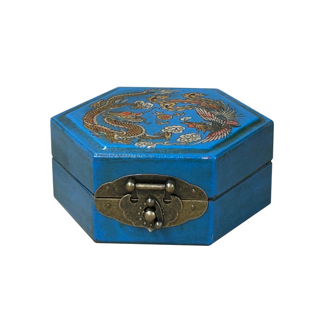 1990s Oriental Cerulean Blue Dragon Phoenix Graphic Hexagonal Container Box For Sale - Image 5 of 8