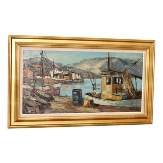 Finn Andersen, Harbour Scene with Fishing Boat, 1960s, Oil on Canvas, Framed For Sale