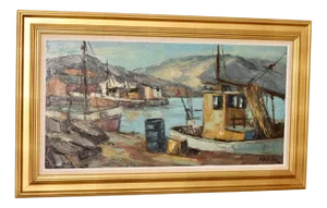 Finn Andersen, Harbour Scene with Fishing Boat, 1960s, Oil on Canvas, Framed