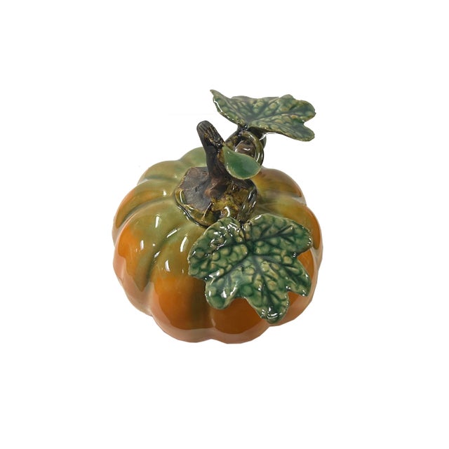 2010s Artistic Orange Small Pumpkin With Leaf Ceramic Display Art Figure For Sale - Image 5 of 5
