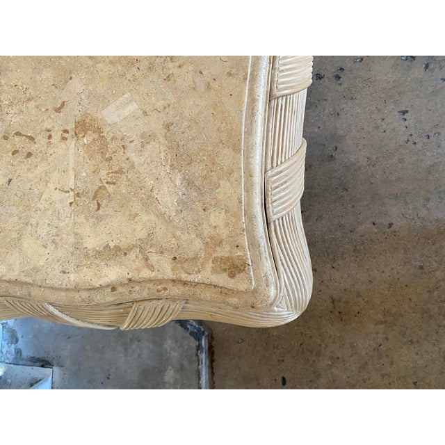 Postmodern 1970s Beveled Travertine and Washed Rattan Side Table Pair For Sale - Image 3 of 3