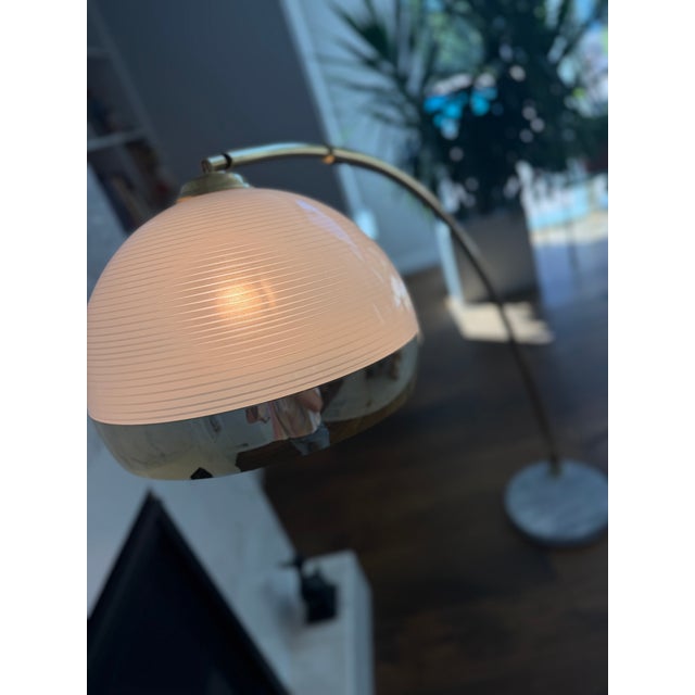 Stone Vintage Italian Modern Brass Adjustable Arc Floor Lamp With Carrara Marble Base & Ribbed Acrylic Dome Shade For Sale - Image 7 of 9