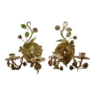 French Belle Époque Tôle Peinte Hand Painted Metal Floral Wall Sconces, a Pair For Sale