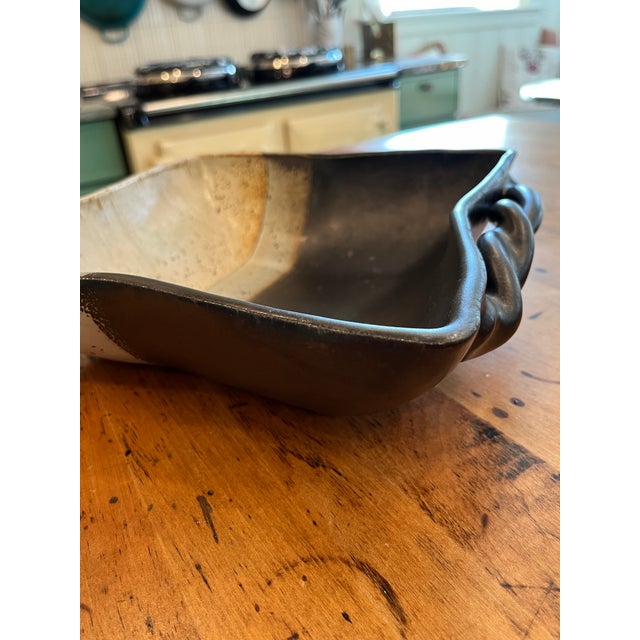 Studio art pottery square decorative shallow serving bowl with two rope handles. 11.5”/29cm width including handles,...