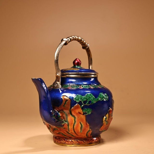 Traditional Late 20th Century Cloisonné Enamel "Two Immortals" Teapot With Figural Scenes For Sale - Image 3 of 9