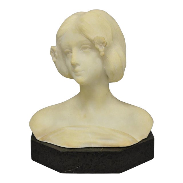 Antique Neoclassical Carved White Marble 9" Bust of Woman's Head on Marble Base For Sale