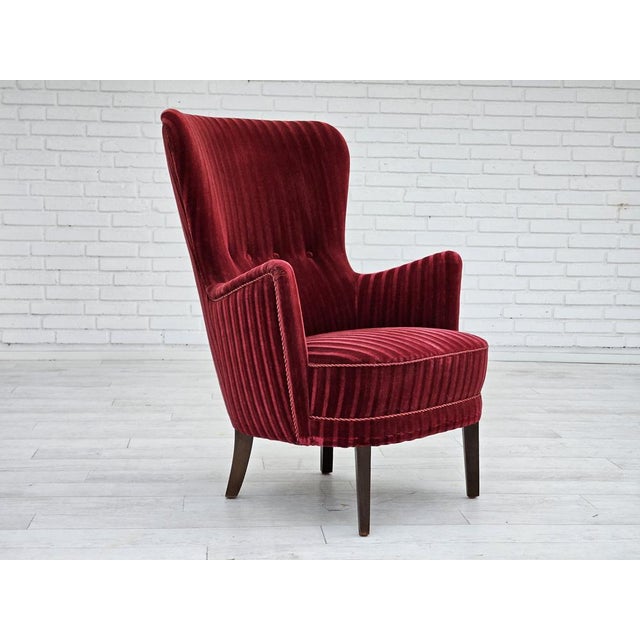 Vintage Danish Chair in Cherry-Red Furniture Velour, 1960s For Sale - Image 17 of 18