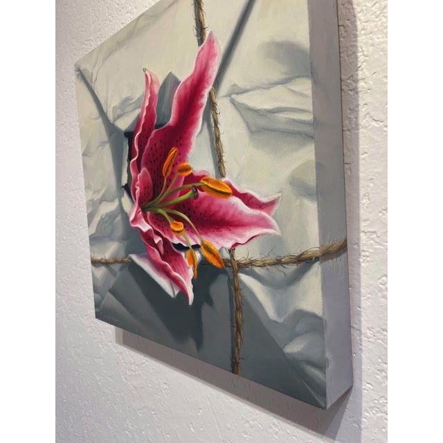 Contemporary White Package with Stargazer by Sarah van der Helm | Oil on Cradled Panel Oil painting of a stargazer lily on crumpled paper. For Sale - Image 3 of 5