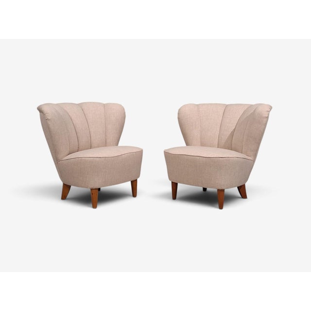 1950s Carl-Johan Boman, Lounge Chairs, Beige Linen, Wood, Finland, 1950s For Sale - Image 5 of 11