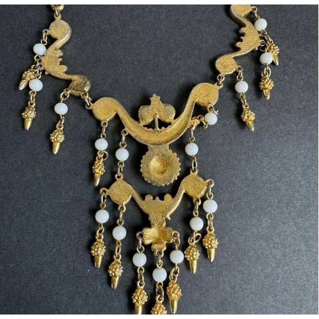 Gold Tone Bib Statement Necklace Waterfall Pendants Etruscan Revival Maximalist Vendome For Sale - Image 9 of 11
