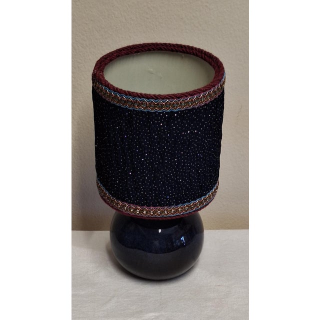 Vintage Table Lamp with Dark Blue Ceramic Base and Fabric Shade, 1990s For Sale - Image 4 of 8