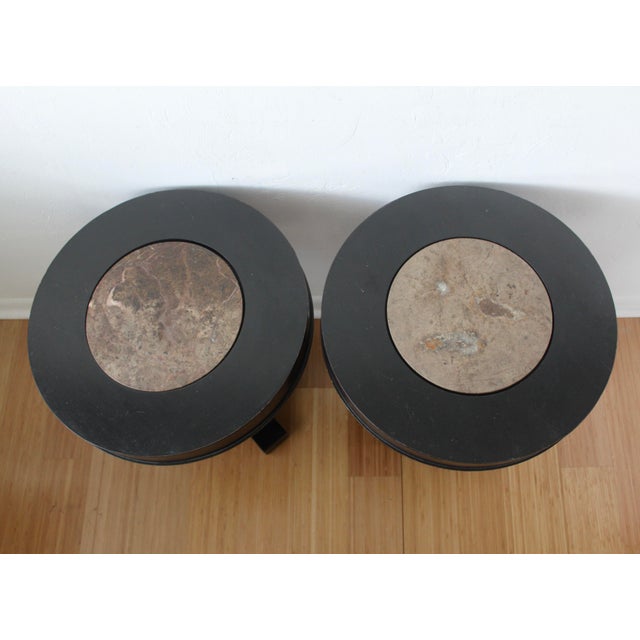 Contemporary Henredon Acquisitions Contemporary Granite Wood Circular Pedestal Side Tables-a Pair For Sale - Image 3 of 12