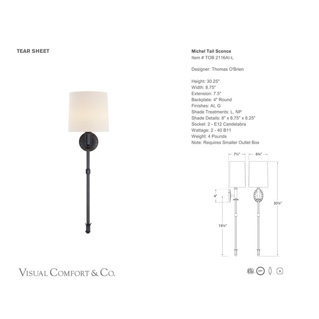 Michel Tail Sconce in Aged Iron with Linen Shade Designer: Thomas O'Brien Finish: Aged Iron Height: 30.25" Width: 8.75"...