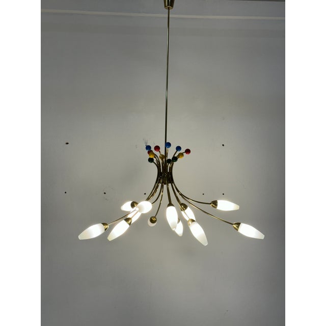 Mid-Century Brass Opaline Glass Chandelier by Rupert Nikoll, 1955 For Sale - Image 12 of 14