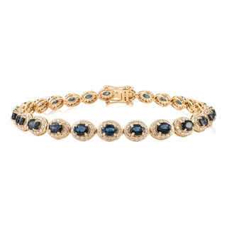 6.57 Ct Deep Blue Sapphire Halo Diamond 14k Gold Tennis Bracelet Mother's Day Gift For Sale