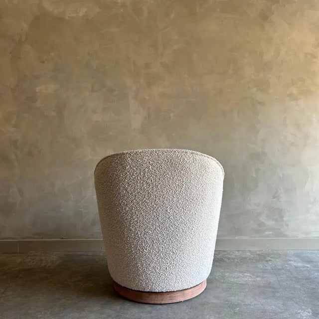 White Swivel Chair in Creamy White Boucle With Wood Trim Base For Sale - Image 8 of 8