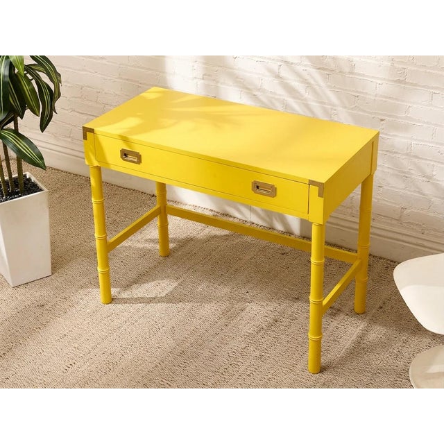Vintage Hollywood Regency Yellow Campaign Writing Desk For Sale In Los Angeles - Image 6 of 11